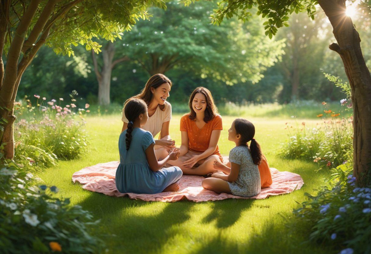 A warm and inviting scene of a diverse group of mothers sitting in a circle, sharing stories and laughter with their children playing nearby. Soft sunlight filters through trees, highlighting the bond of community and support among them. A backdrop of nature symbolizes growth and nurturing, encapsulating the essence of motherhood's journey. super-realistic. vibrant colors. soft focus.