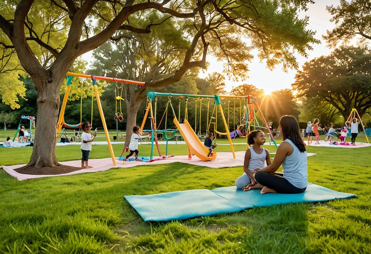 A serene scene depicting a diverse group of mothers interacting with their children in a park, showcasing joyful moments like play, storytelling, and nurturing. The setting includes vibrant greenery, colorful playground equipment, and a gentle sunset in the background, symbolizing warmth and community. Elements of wellness such as yoga mats and healthy snacks are subtly integrated into the scene. Illustrative style, soft colors, and a warm atmosphere to convey comfort and support.
