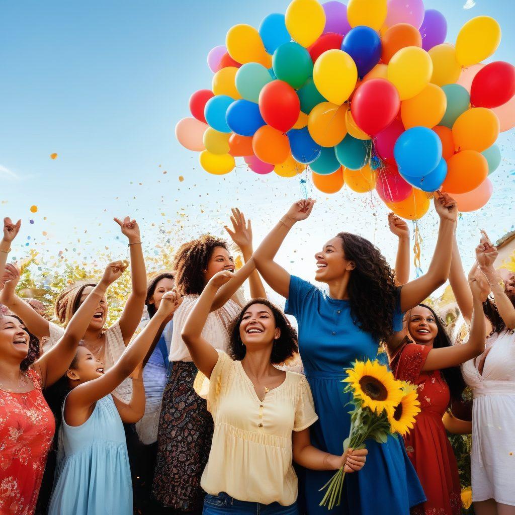 A diverse group of mothers joyfully celebrating together outdoors, surrounded by colorful balloons and confetti, symbolizing overcoming challenges. Each mother showcases a different cultural background, radiating happiness and empowerment. The background features a bright blue sky and sunflowers adding a touch of warmth and optimism. Soft, inviting colors that evoke a sense of joy and community. vibrant colors. 3D.